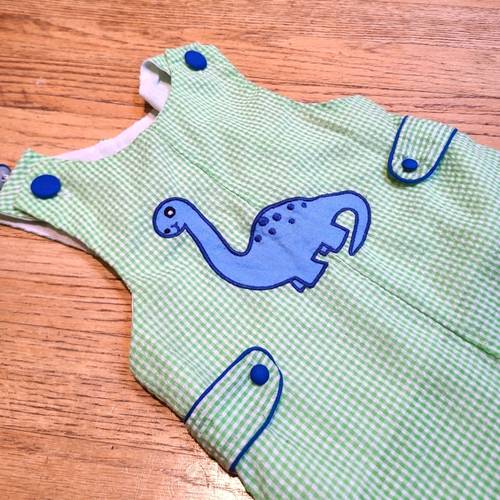 Lil Cactus 18-24 green seersucker blue dino playsuit smocked overalls romper